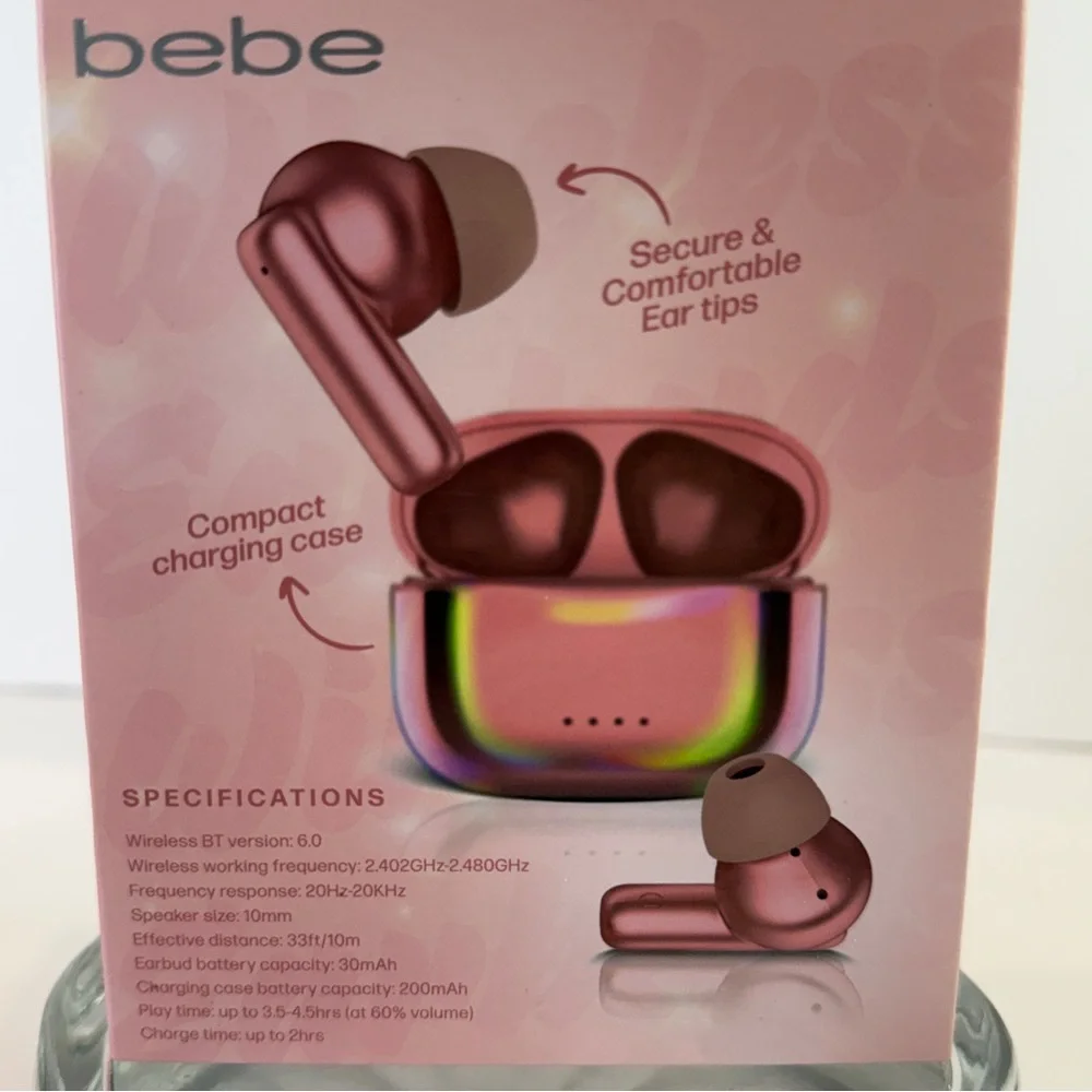 🆕 BEBE Metallic Rose True Wireless Earbuds – Clear Sound, Compact Charging Case